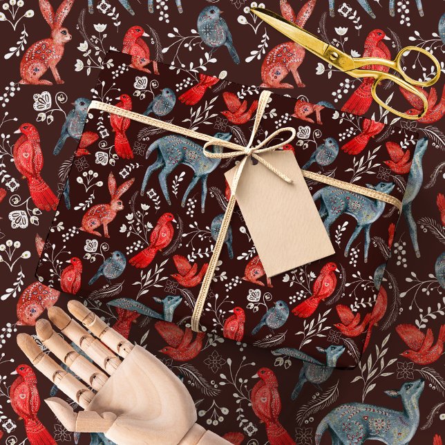 Nordic Folk Art Forest | Winter Woodland Animals Geschenkpapier (Von Creator hochgeladen)