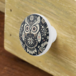 Nordic Folk Art Owl Black Ivory Keramikknauf
