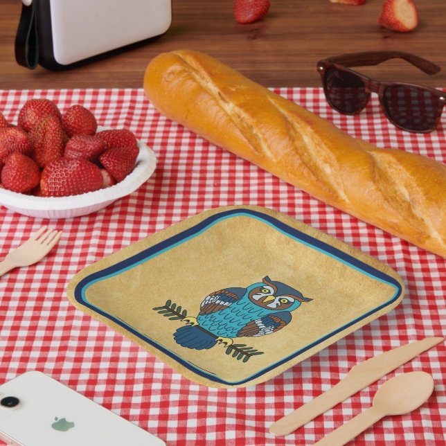 Nordic Folk Art Owl Pappteller (Picknick)