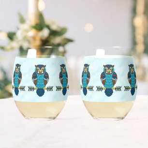 Nordic Folk Art Owl Weinglas Ohne Stiel