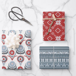 Nordic Folk Art Red Blue Flowers skandinavische Geschenkpapier Set