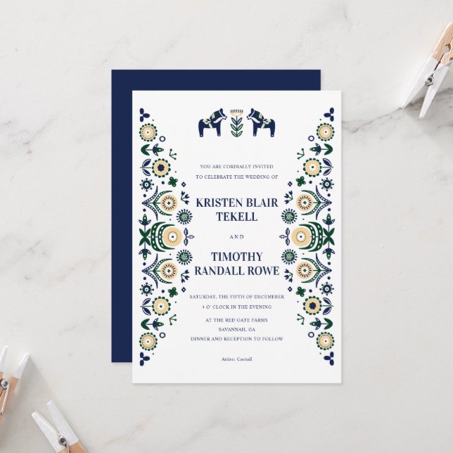Nordic Folk Dala Horse Scandinavian Wedding V2 Einladung (Vorderseite/Rückseite Beispiel)