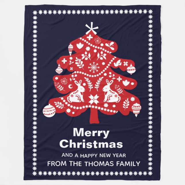 Nordic Folk Navy Red Christmas Tree Bunnies Fleecedecke (Vorderseite)