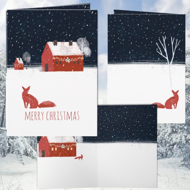 Nordic frohe Weihnachten Nacht Red Barn & Red Fox (Nordic Merry Christmas Night Red Barn & Red Fox Holiday Christmas Wraparound Graphics Folded Card)