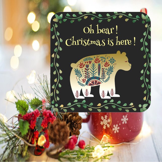 Nordic Golden Bear Green Frame Weihnachtsangebot Quadratischer Aufkleber (Nordic Golden Bear Green Frame Christmas Quote Square Sticker)