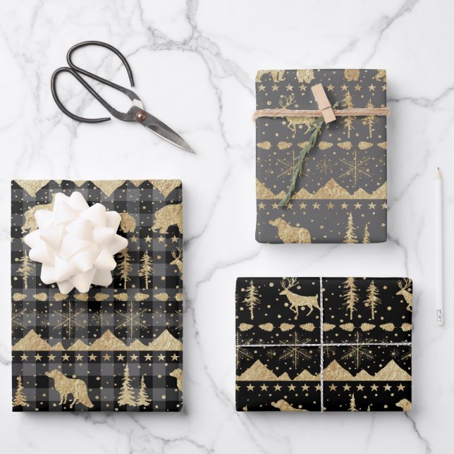 Nordic Gray Buffalo Kariert Gold Winter Animals Geschenkpapier Set (Vorderseite)