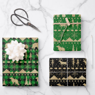 Nordic Green Buffalo Kariert Gold Winter Animals Geschenkpapier Set