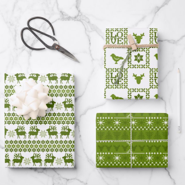 Nordic Holiday Patterns Green & White Geschenkpapier Set (Vorderseite)