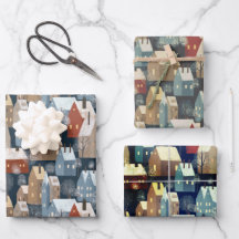 Nordic Modern Winter Town Cosy Houses Pattern Blue
