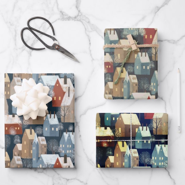 Nordic Modern Winter Town Cosy Houses Pattern Blue Geschenkpapier Set (Vorderseite)