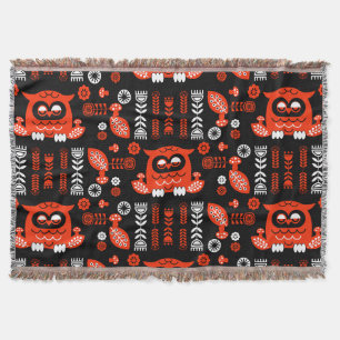 Nordic Owl - Orange und Black Folk Art Decke