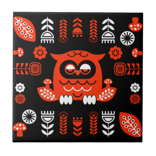Nordic Owl - Orange und Black Folk Art Fliese