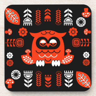 Nordic Owl - Orange und Black Folk Art Getränkeuntersetzer