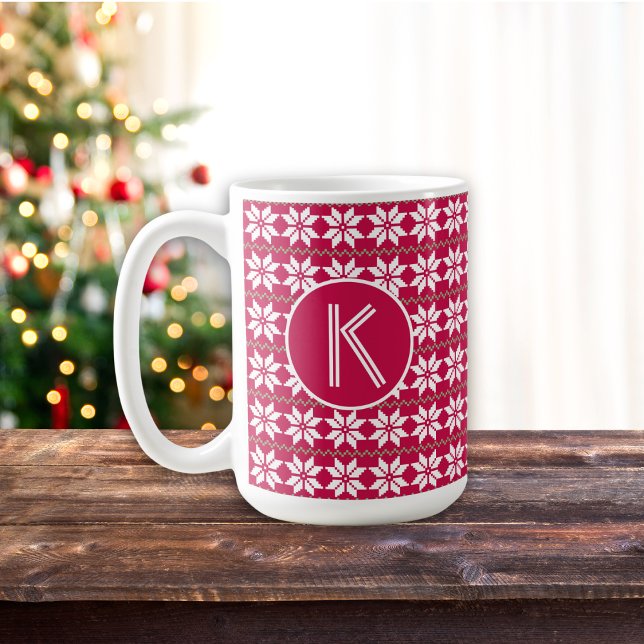 Nordic Pattern Crimson Red Angepasste Monogramme Kaffeetasse (Edit the mug with your initial.)