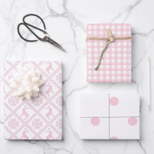 Nordic Polka Dots Kariert Baby Pink Weihnachten Geschenkpapier Set (Vorderseite)