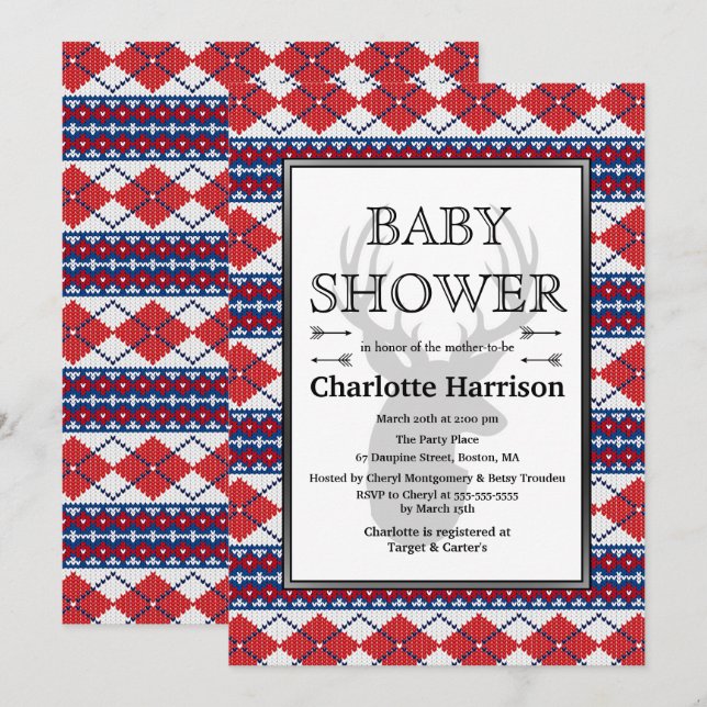 Nordic Raute Sweater Pattern Winter Baby Dusche Einladung (Vorne/Hinten)