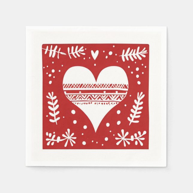 Nordic Red and White Christmas Heart Serviette (Vorderseite)