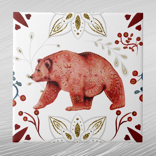 Nordic Red Bear Watercolor Folk Fliese (Von Creator hochgeladen)