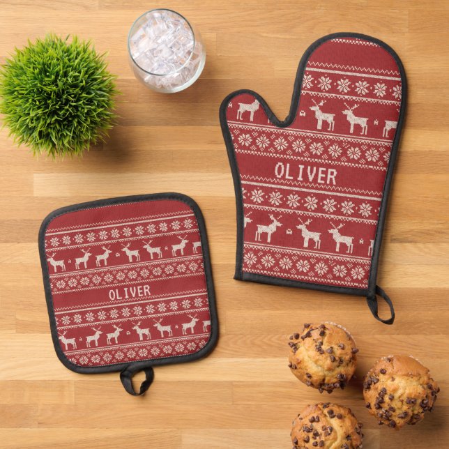 Nordic Reindeer Christmas Personalized  Ofenhandschuh & Topflappen-Set (Oben Unten)