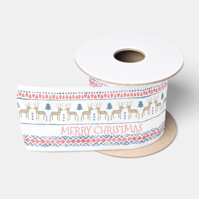 Nordic Reindeer Fairisle Frohe Weihnachten Satinband (Spule)