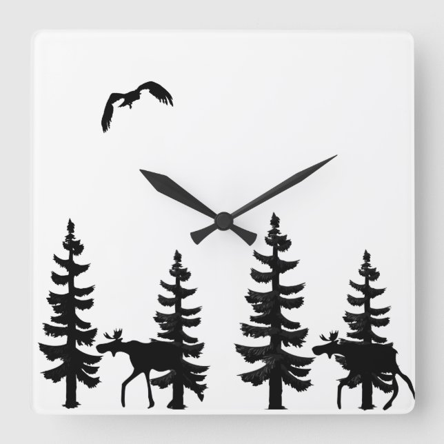 Nordic stil pine trees silhouettes moose in black quadratische wanduhr (Vorderseite)