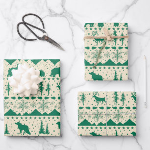 Nordic Sweater Beige Forest Green Winter Animals Geschenkpapier Set