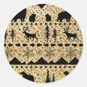 Nordic Sweater Black Winter Animals Gold Runder Aufkleber