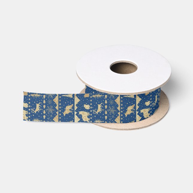Nordic Sweater Gold Winter Animals Navy Blue Satinband (Spule)