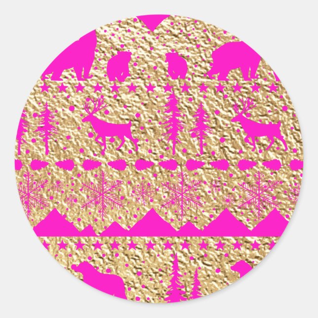 Nordic Sweater Pink Fuchsia Winter Animals Gold Runder Aufkleber (Vorderseite)