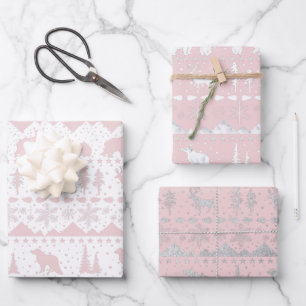 Nordic Sweater Pink White Silver Winter Animals Geschenkpapier Set