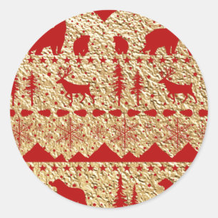 Nordic Sweater Red Winter Animals Gold Runder Aufkleber
