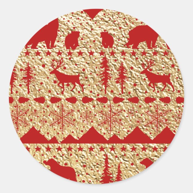 Nordic Sweater Red Winter Animals Gold Runder Aufkleber (Vorderseite)