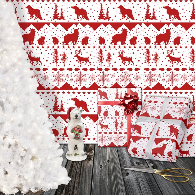 Nordic Sweater Red Winter Animals White Geschenkpapier (Nordic Sweater Red Winter Animals White Christmas Holiday Gift Wrapping Paper Rolls)