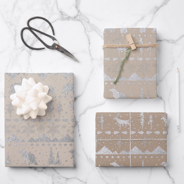 Nordic Sweater Rustic Kraft Silver Winter Animals Geschenkpapier Set (Vorderseite)