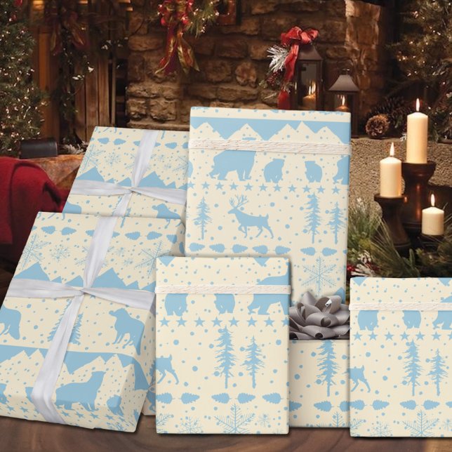 Nordic Sweater Sky Blue Winter Animals Beige Geschenkpapier (Nordic Sweater Beige & Blue Winter Animals Christmas Holiday Wrapping Paper Rolls)