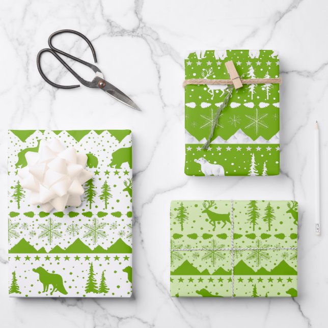 Nordic Sweater White Mint Grüne Wintertiere Geschenkpapier Set (Vorderseite)