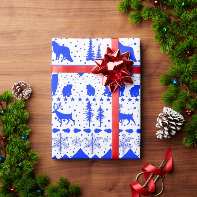 Nordic Sweater White & Royal Blue Winter Animals Geschenkpapier (Feiertagsgeschenk)
