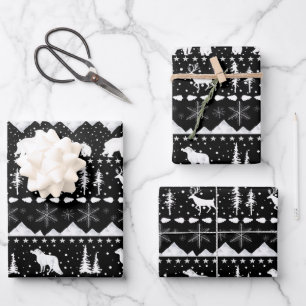 Nordic Sweater White Winter Animals Black Geschenkpapier Set