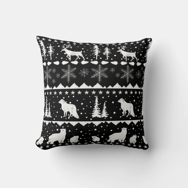 Nordic Sweater White Winter Animals Black Kissen (Vorderseite)