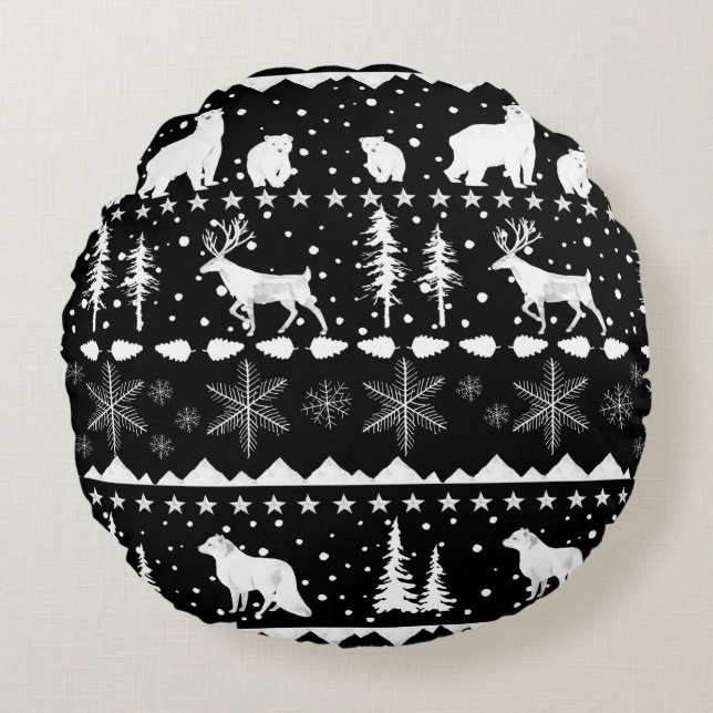 Nordic Sweater White Winter Animals Black Rundes Kissen (Vorderseite)