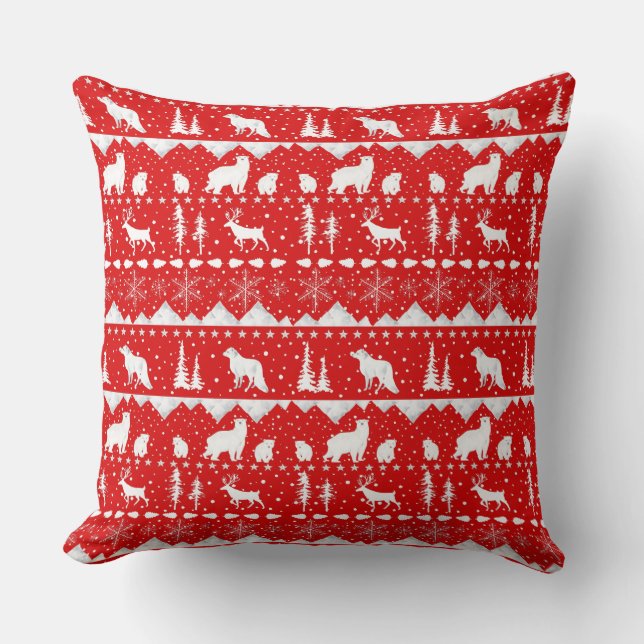 Nordic Sweater White Winter Animals Holiday Red Th Kissen (Vorderseite)