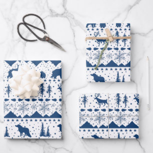 Nordic Sweater White Winter Animals Navy Blue Geschenkpapier Set