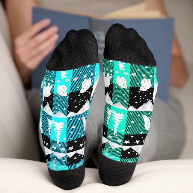 Nordic Sweater Winter Animals Aqua Blue Kariert Socken (Unterseite)