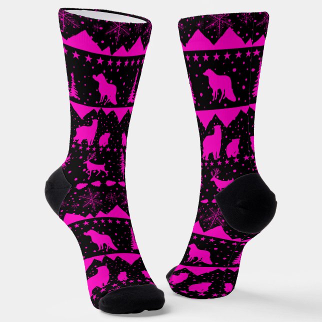 Nordic Sweater Winter Animals Beige & Pink Fuchsia Socken (Gewinkelt)