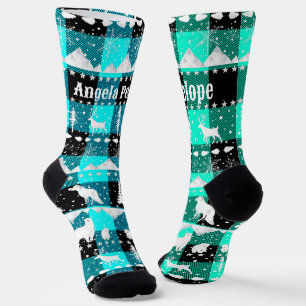 Nordic Sweater Winter Animals Blue Green Kariert Socken