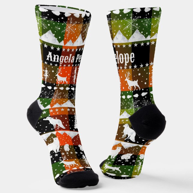 Nordic Sweater Winter Animals Green Orange Kariert Socken (Gewinkelt)