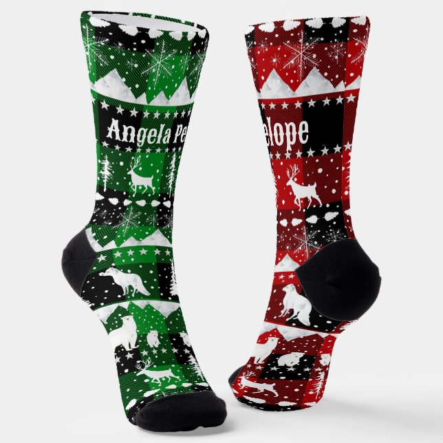 Nordic Sweater Winter Animals Green Red Kariert Socken (Gewinkelt)