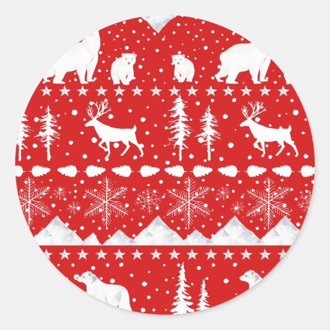 Nordic Sweater Winter Animals Holiday Red Runder Aufkleber (Vorderseite)