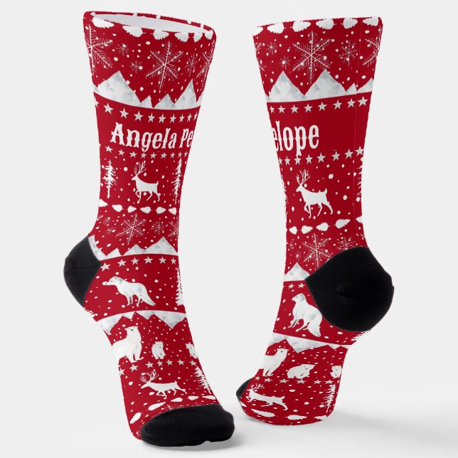 Nordic Sweater Winter Animals Ihren Namen Rot hinz Socken (Gewinkelt)