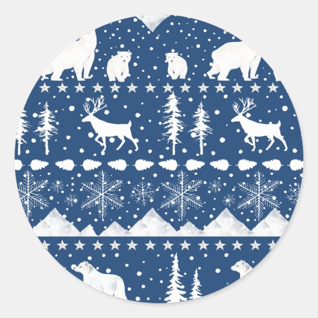 Nordic Sweater Winter Animals Navy Blue White Runder Aufkleber (Vorderseite)